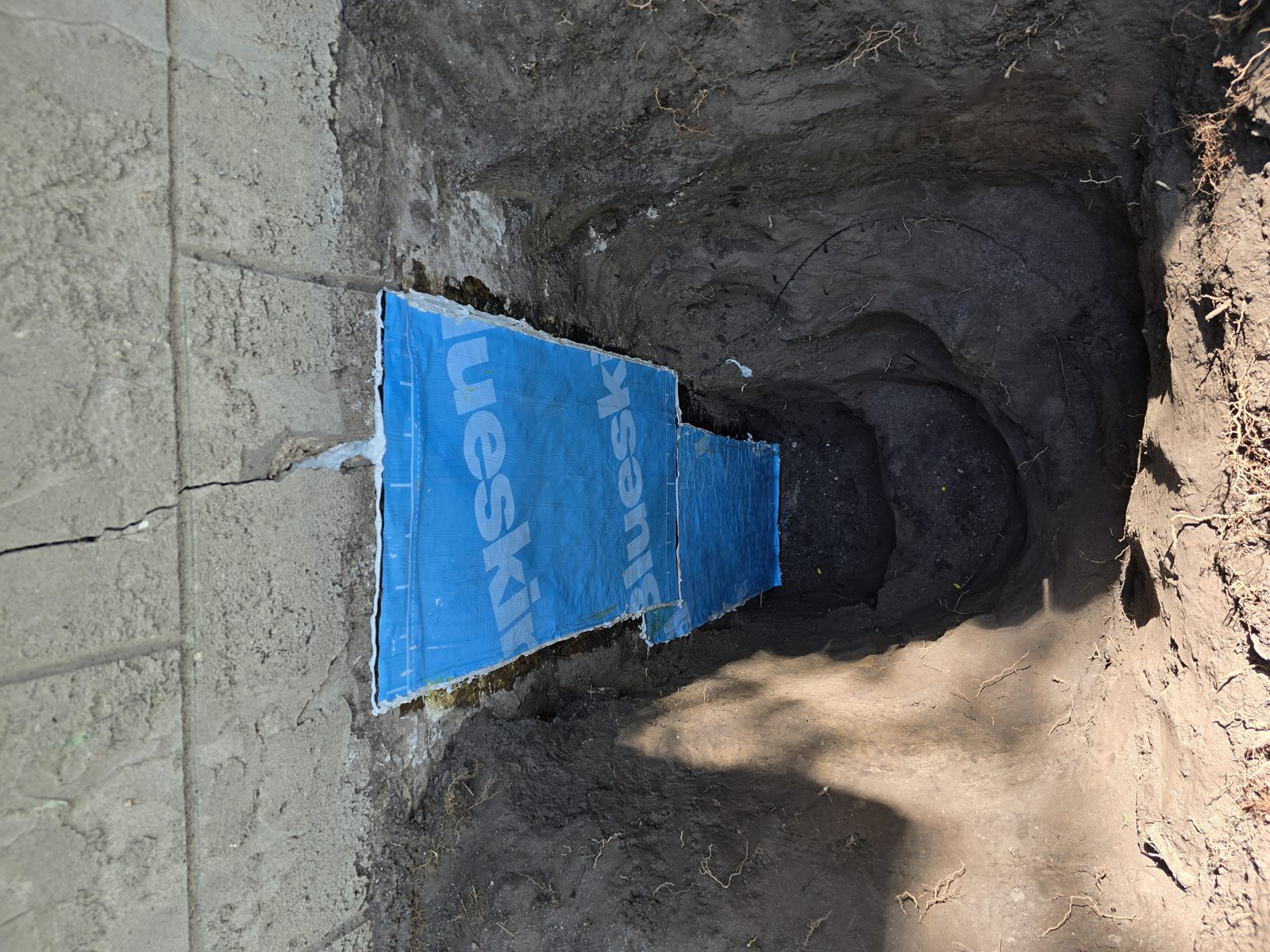 Foundation crack excavated and waterproofed with Blueskin in Edmonton